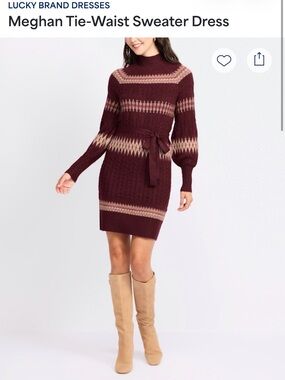 Lucky Brand Meghan Tie-Waist Sweater Dress - Burgundy with Cream Pattern